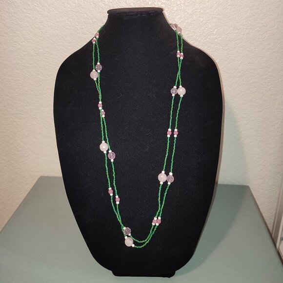 Pink Quartz Beads Green and Pink Necklace Beaded Long wrap 1, 2, 3, 4 layers - Picture 2 of 8